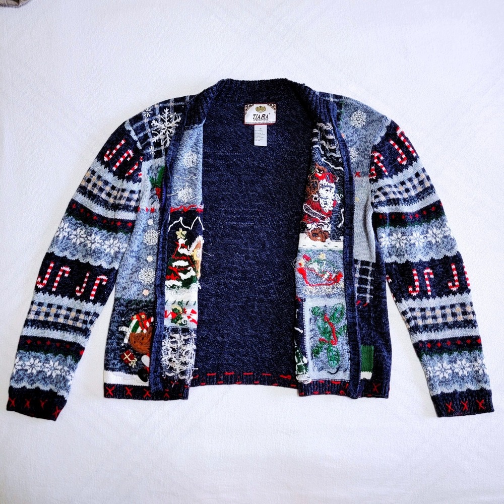 Tiara International Christmas Cardigan Blue Women M Y2K Festive Whimsical Artsy